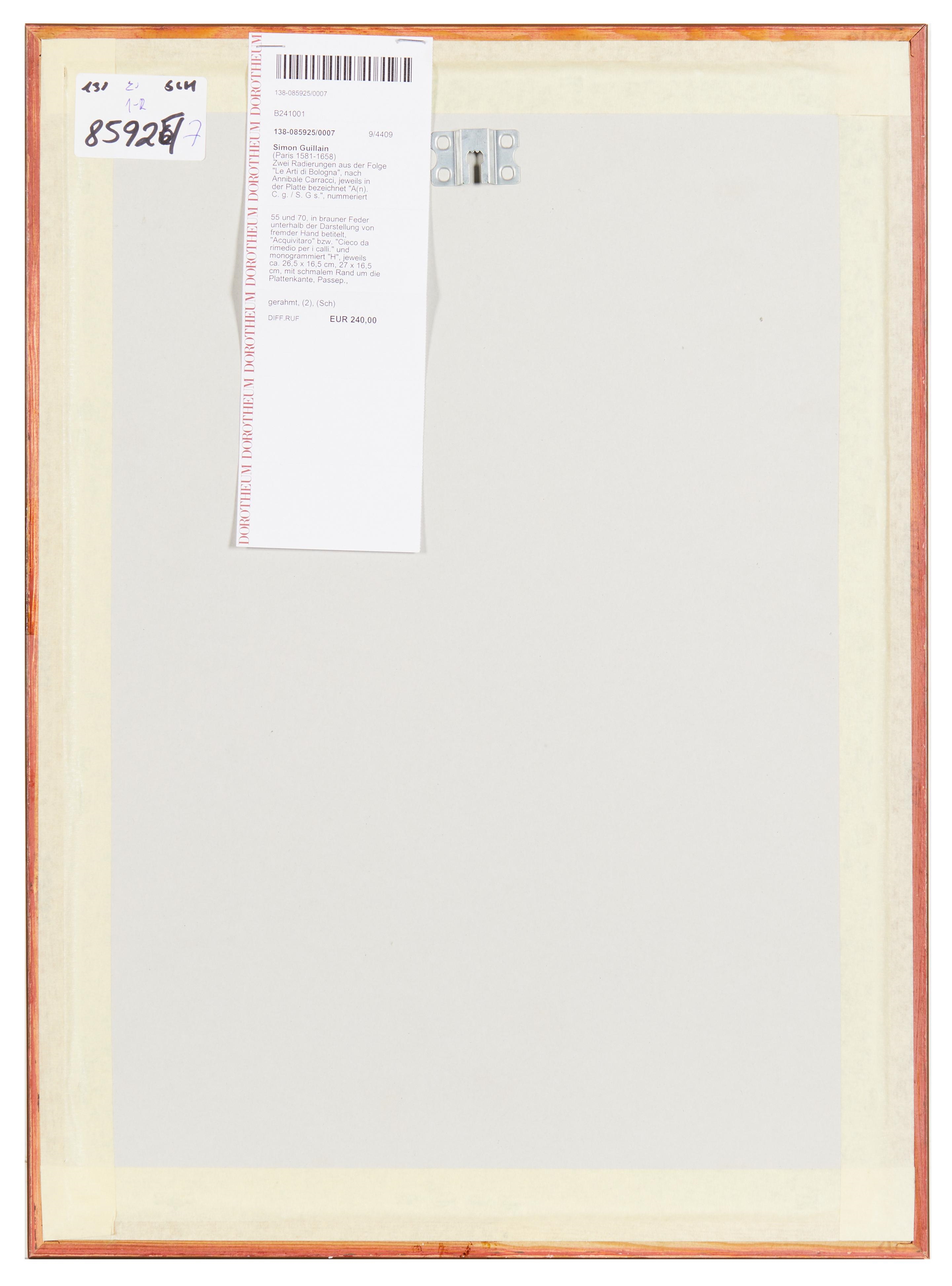 Artwork by Simon Guillain, Zwei Radierungen aus der Folge"Le Arti di Bologna, Made of etchings