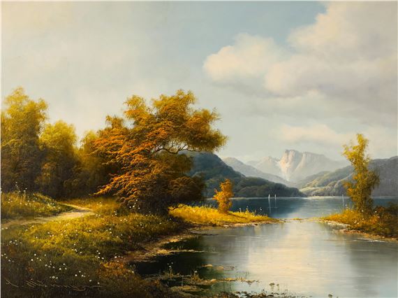A serene landscape painting of a sunlit river valley with autumnal trees and distant mountains.
