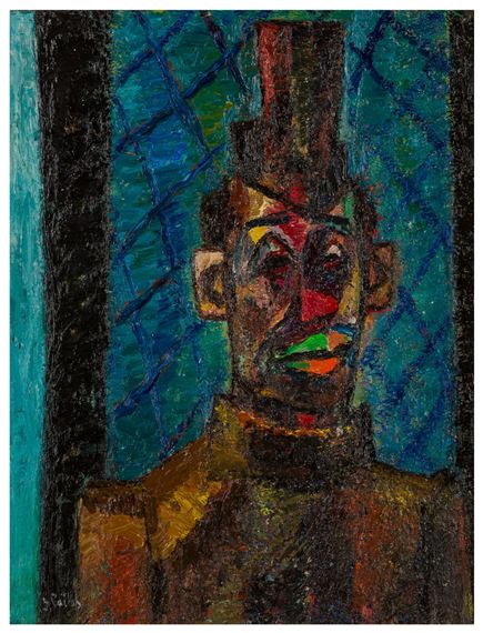 A bold, expressionist portrait of a figure in a top hat against a blue grid background.
