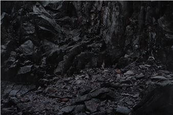A large rock formation in the middle of a forest.