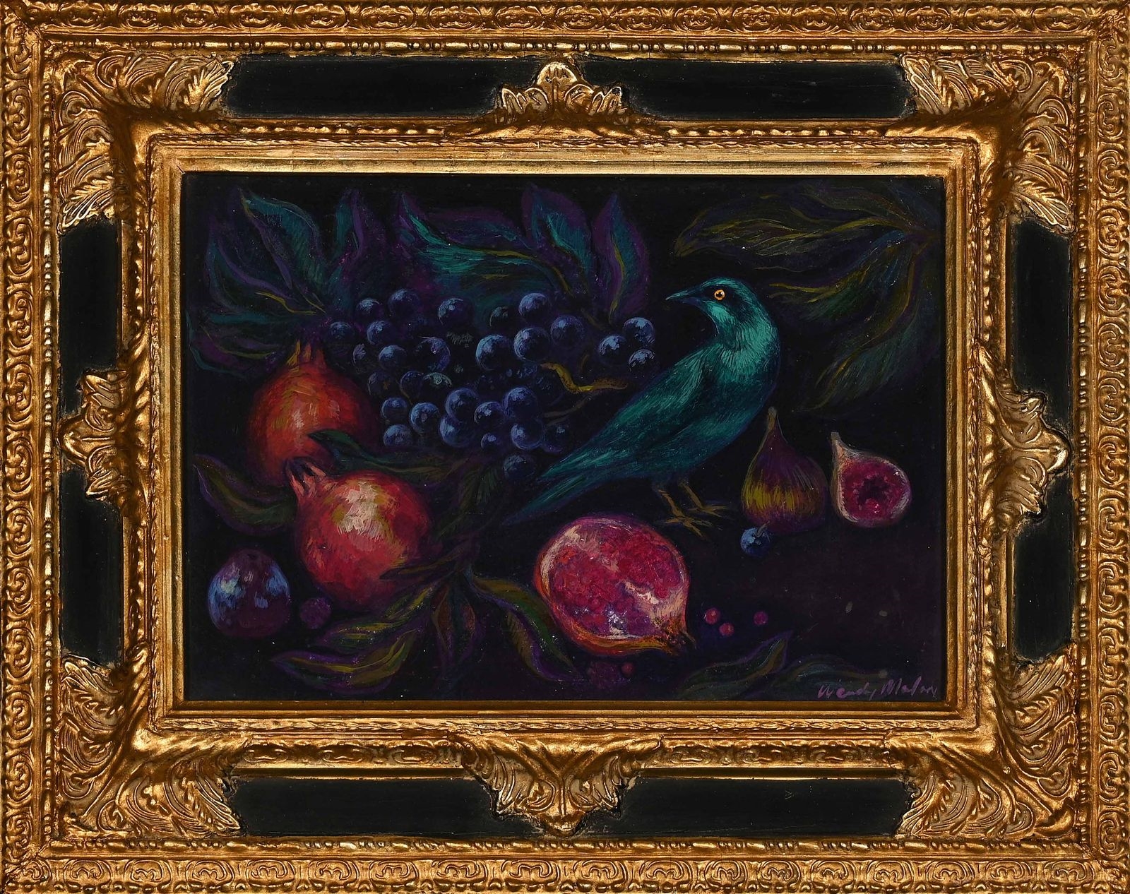 Artwork by Wendy Malan, Starling with Fruit, Made of oil on board