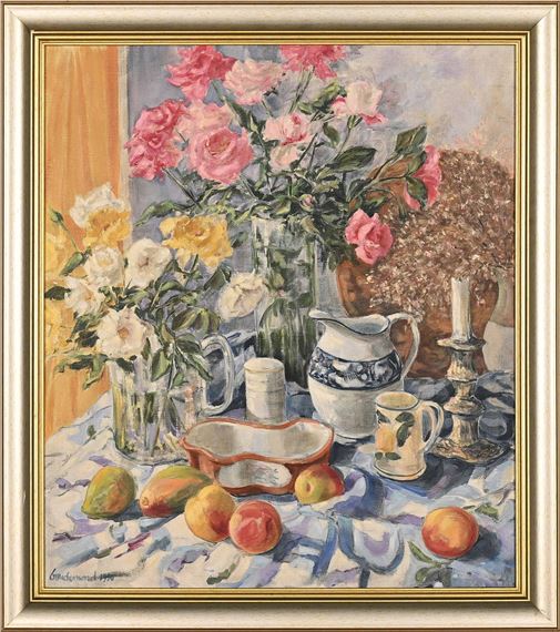 Still Life with Roses, Citrus and Ceramics by Louise Marguerite Goudemond, 1990