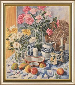 Still Life with Roses, Citrus and Ceramics - Louise Marguerite Goudemond