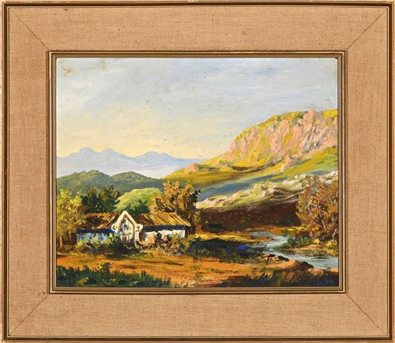 A landscape painting of a rustic house nestled in a sunlit valley with distant mountains.