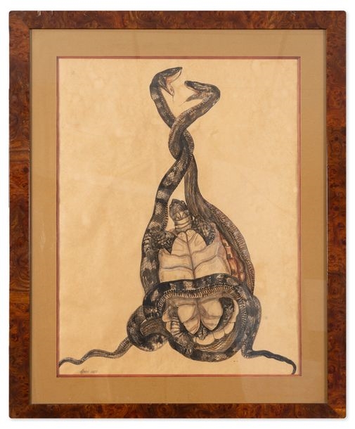 Artwork by Gasset-Ousset Hélène, Two snakes restraining a turtle, Made of India ink and watercolor on paper
