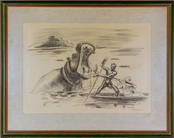 Flusspferd attackiert Jäger by Fritz Behn, 1878 – 1970