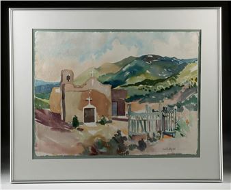 Landscape with Pueblo Church and Mountains - Rita Derjue