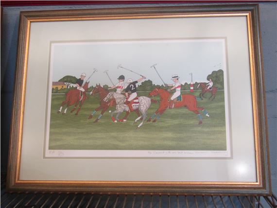 A Vincent Haddelsey limited edition print of a polo match, no. 14/50, signed and dedicated bottom right, framed and glazed, 30cm x 45cm image size