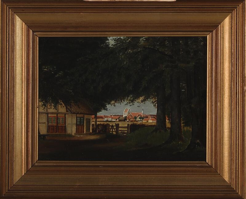 Artwork by Julius Hellesen, Landscape from Sæby with a view to the church, Made of Oil on cardboard