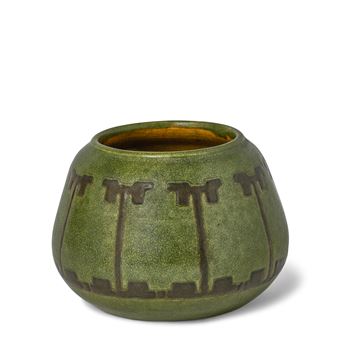 Vase
circa 1910
glazed earthenware, impressed with firm's ship mark and MP cipher, incised with decorator's mark 'T' on underside
height 4in (10cm); diameter 5 1/4in (13.4cm - Marblehead Pottery Studio