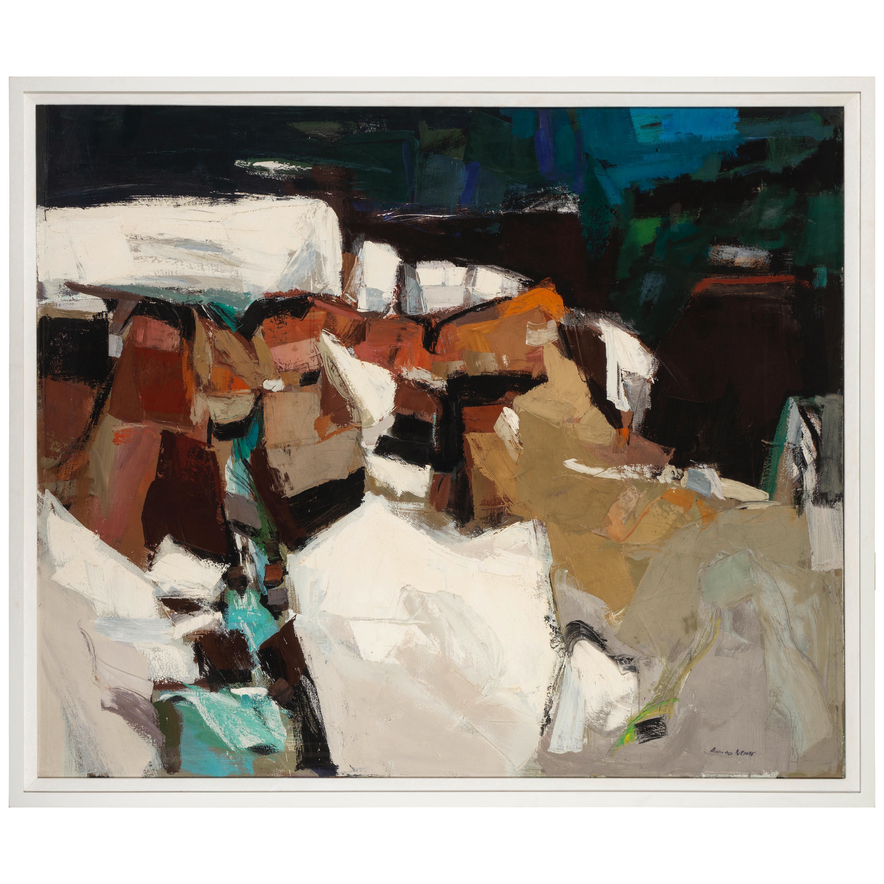 Artwork by Alexander Nepote, Snow Ridge Cascade
circa 1960
oil and tempera on canvas, signed 'ALEXANDER NEPOTE' lower right
56 1/4 x 70in (142.7 x 177.5cm, Made of oil and tempera on canvas
