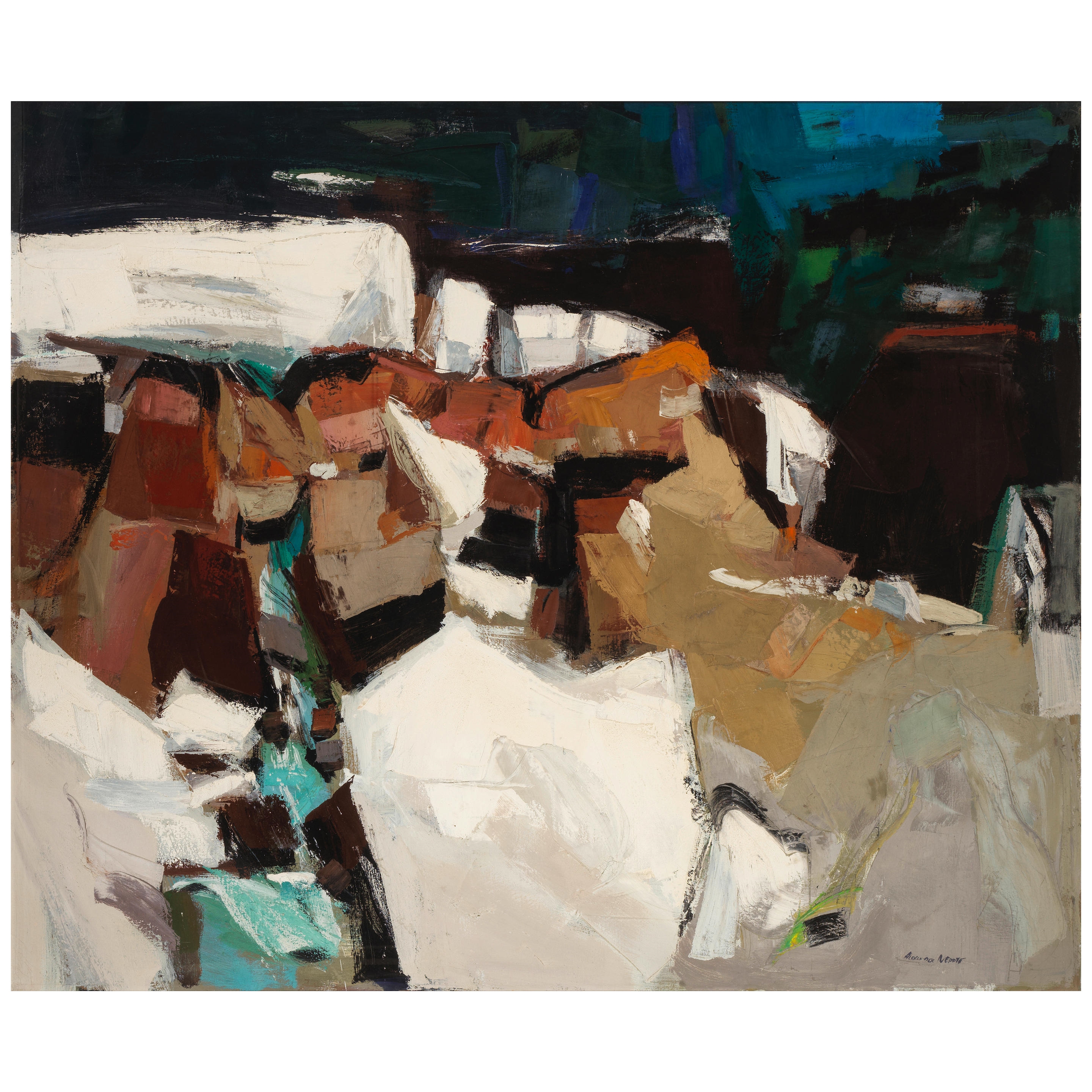 Artwork by Alexander Nepote, Snow Ridge Cascade
circa 1960
oil and tempera on canvas, signed 'ALEXANDER NEPOTE' lower right
56 1/4 x 70in (142.7 x 177.5cm, Made of oil and tempera on canvas