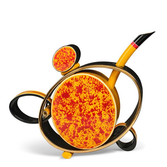 Teapot
2002
glazed and gilt-decorated porcelain, signed in gold 'Porntip Sangvanich 2002' on underside of teapot and lid
height 8 5/8in (21.9cm); width 11in (27.9cm); depth 3 1/4in (8.3cm by Porntip Sangvanich, 2002