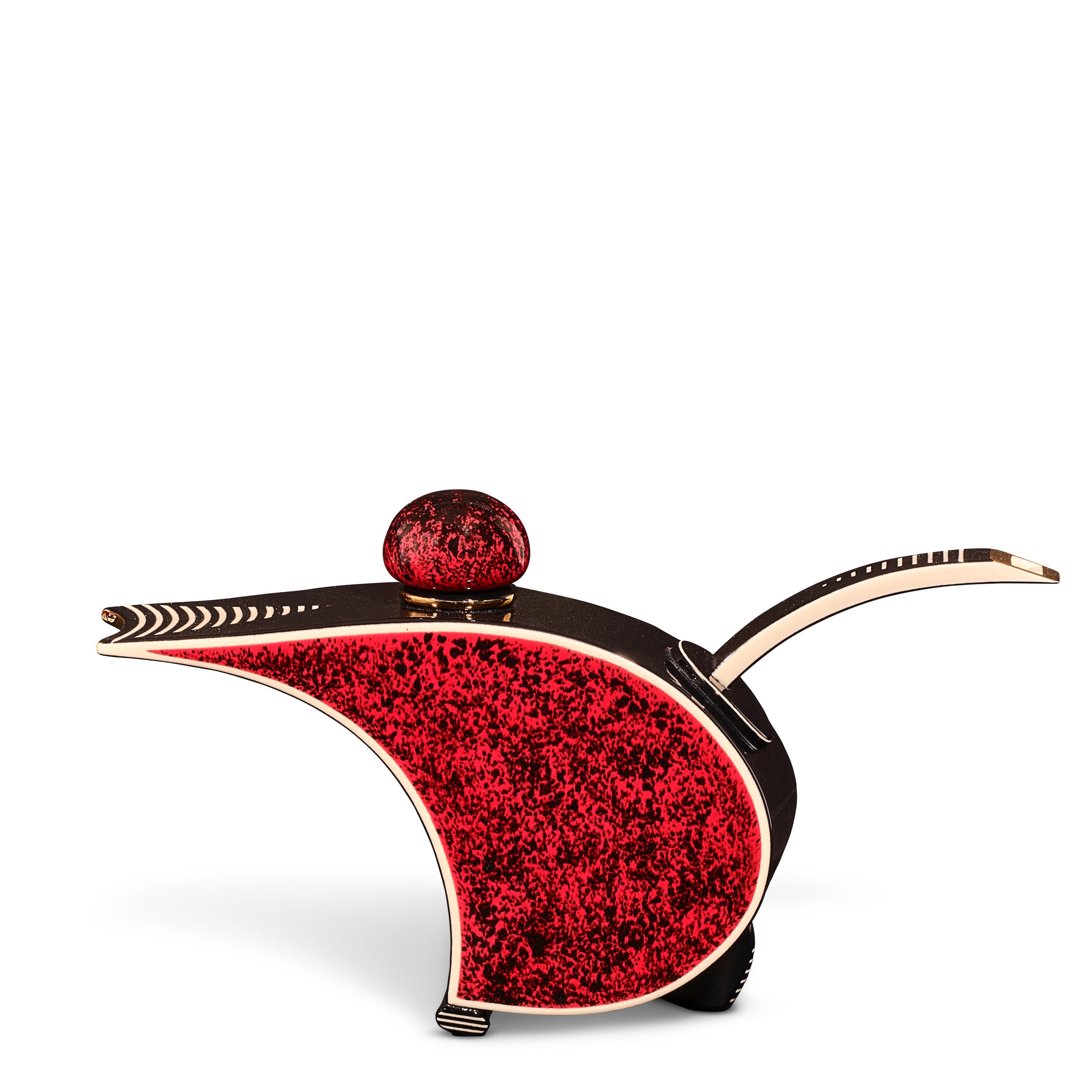Artwork by Porntip Sangvanich, Red and Black Teapot
2004
porcelain, parcel-gilt, signed in gold 'Porntip Sangvanich. 2004.' on underside of base and lid
height 14 1/8in (35.9cm); width 12 1/2in (31.8cm); depth 3 5/8in (9.2cm, Made of red and black teapot
2004
porcelain