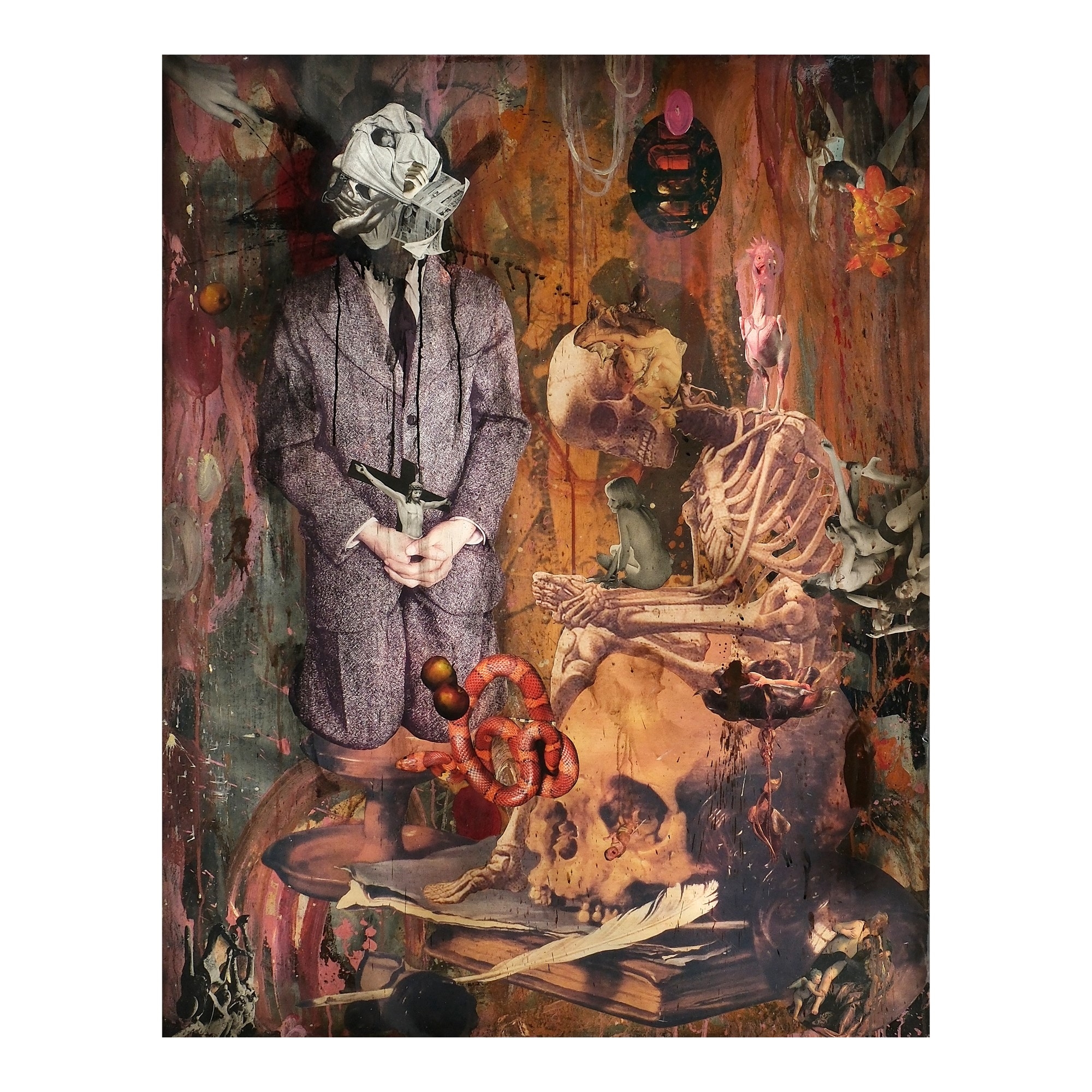 Artwork by Arturo Sanchez, When Fear is Your Only God, Made of oil, acrylic and collage clear cast resin