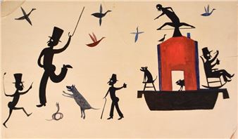 dancing scene with figures, birds, snake, dog - Bill Traylor