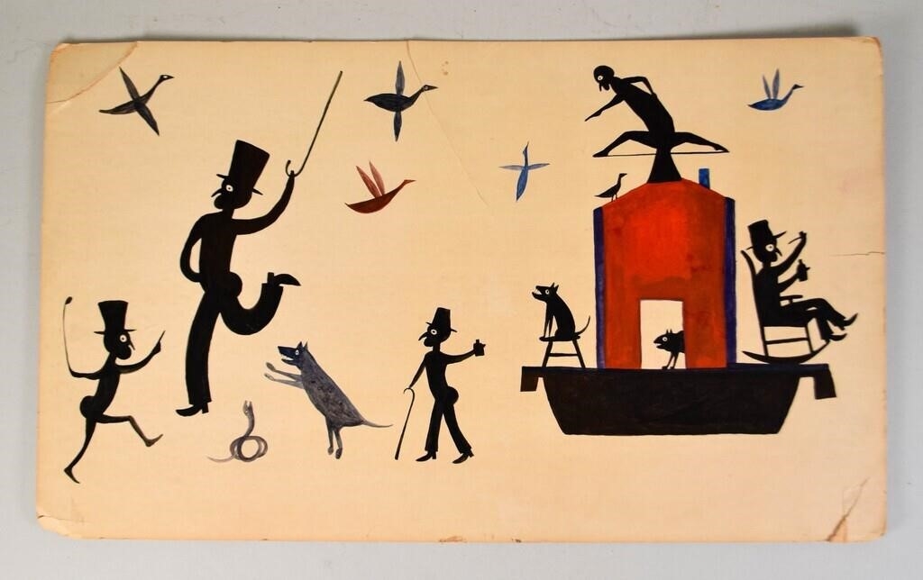 Artwork by Bill Traylor, dancing scene with figures, birds, snake, dog, Made of Tempera on found cardboard