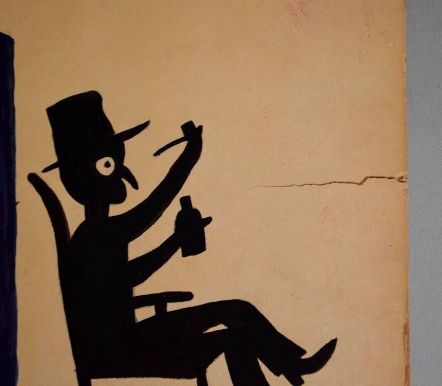 Artwork by Bill Traylor, dancing scene with figures, birds, snake, dog, Made of Tempera on found cardboard