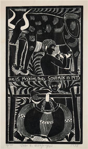 He is Making the Sour Milk in 1975 by John Ndevasia Muafangejo, 1975