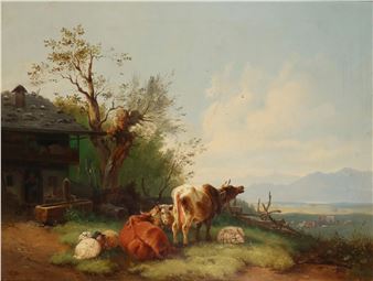 Alter Bergbauernhof mit Bäuerin und Hühnern, davor Kühe und Schafe auf der Weide - Wilhelm Melchior