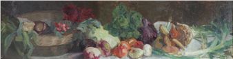 Küchenstillleben mit geflochtenem Korb und reichlich Gemüse - Helene Arnau (leipzig 1870-1958 Wien)