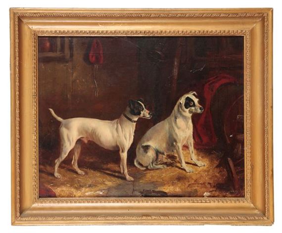 A classical oil painting of two white dogs in a dimly lit interior.