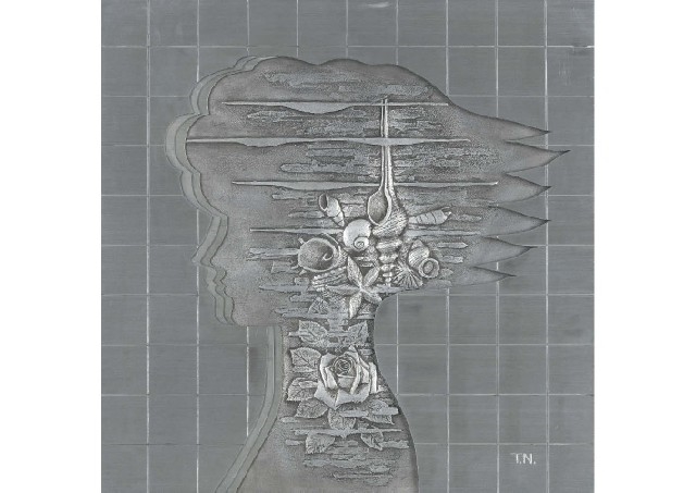 Artwork by Tadashi Nishimura, Metal carved plaque: Distant time