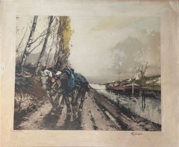 Draft horses pulling a barge by Ferdinand-Jean Luigini