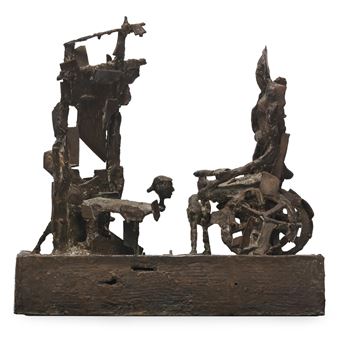 Bronze Brutalist Sculpture with Ebonized Wood Stand - Burt Hasen