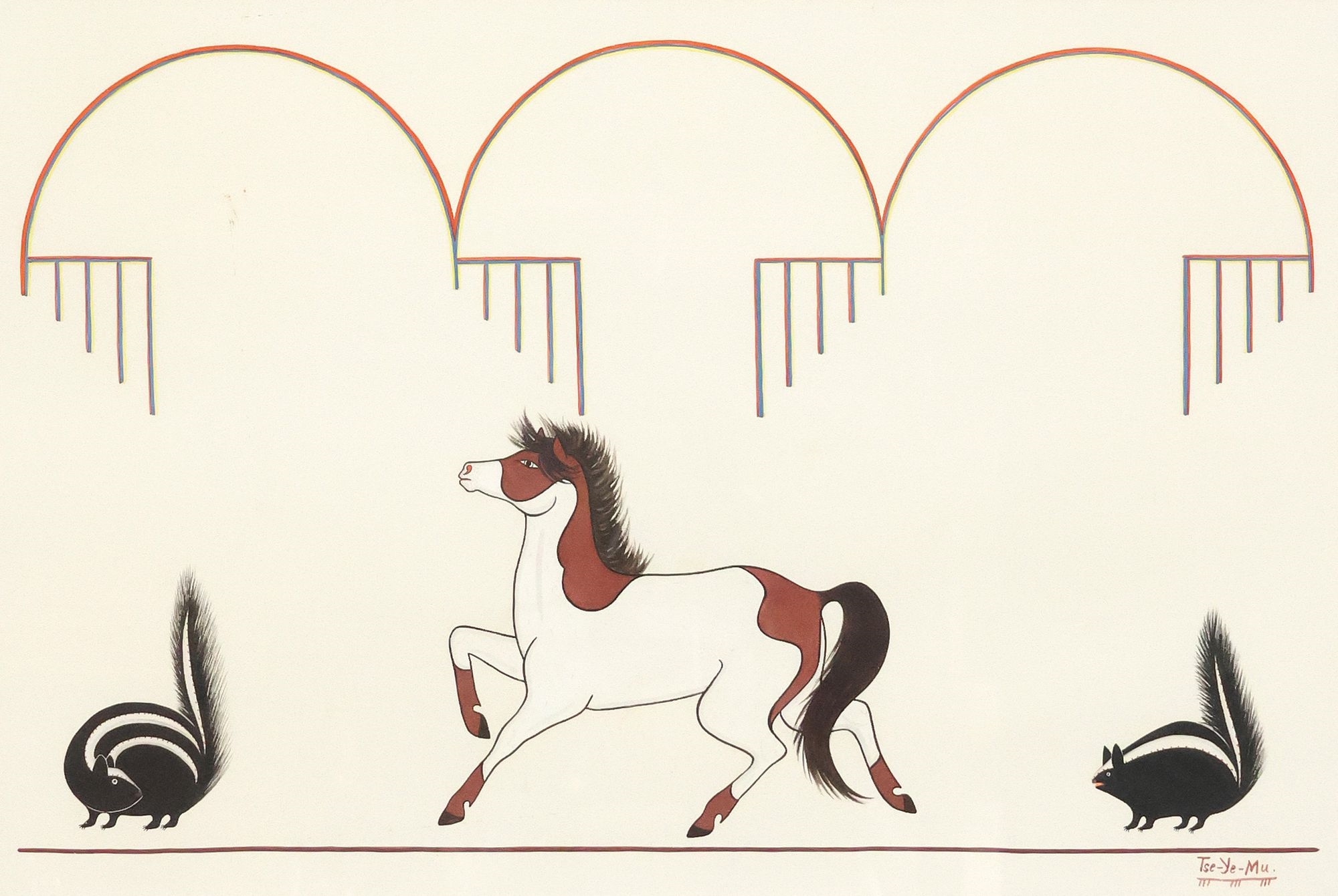 Artwork by Romando Vigil, Pinto and Skunks below Rainclouds, Made of gouache painting on paper