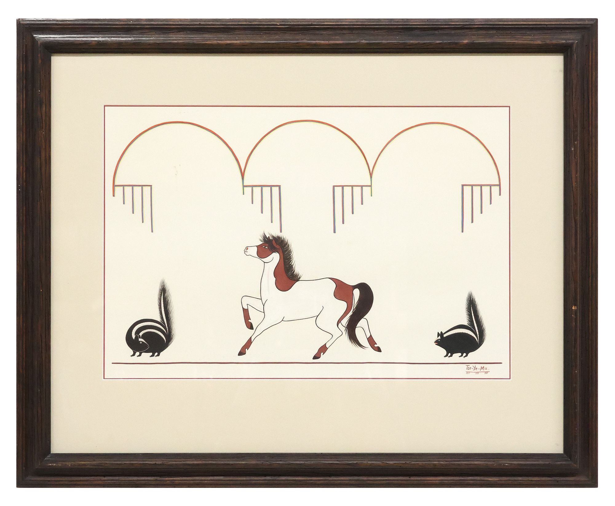 Artwork by Romando Vigil, Pinto and Skunks below Rainclouds, Made of gouache painting on paper