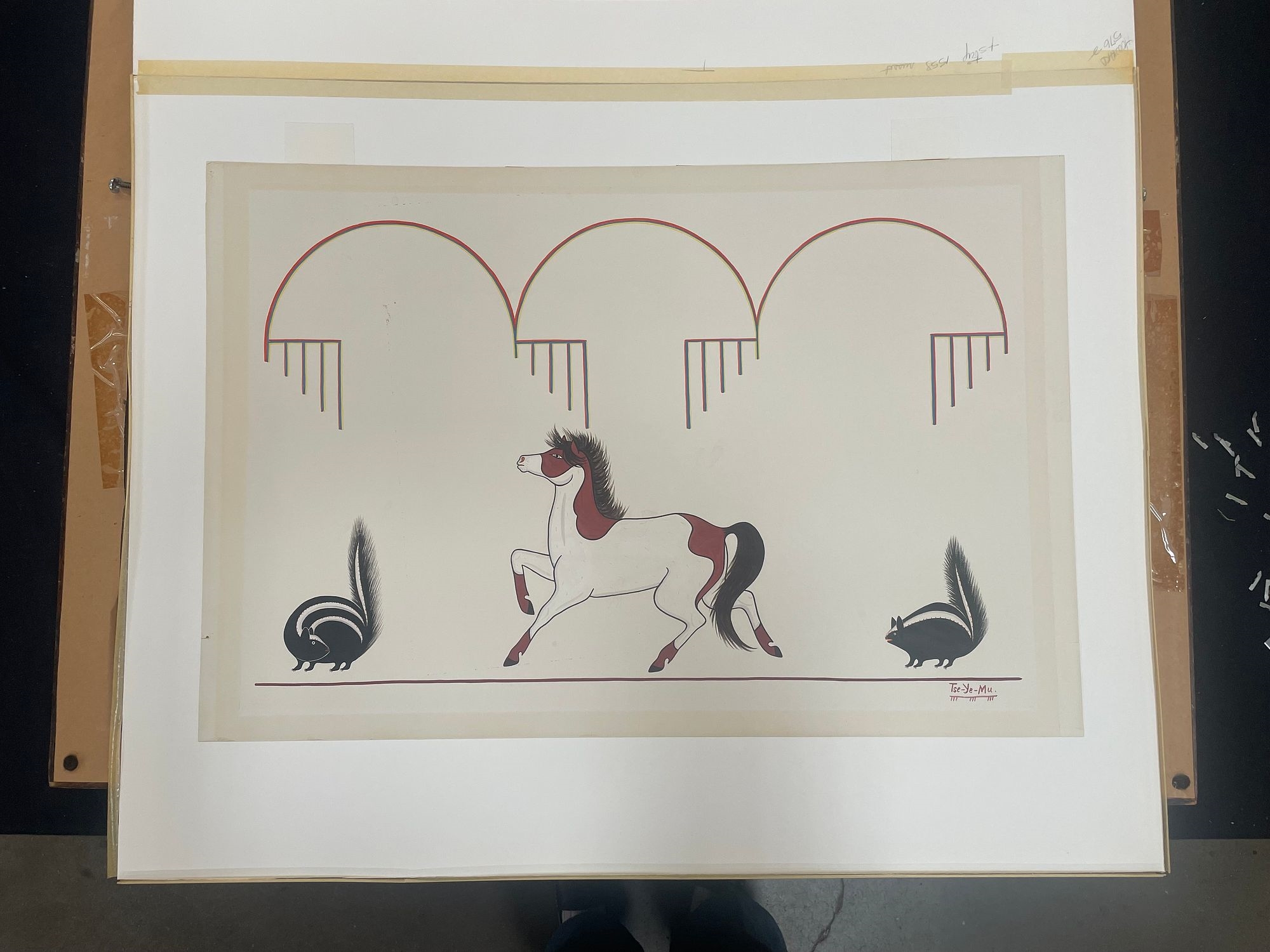 Artwork by Romando Vigil, Pinto and Skunks below Rainclouds, Made of gouache painting on paper