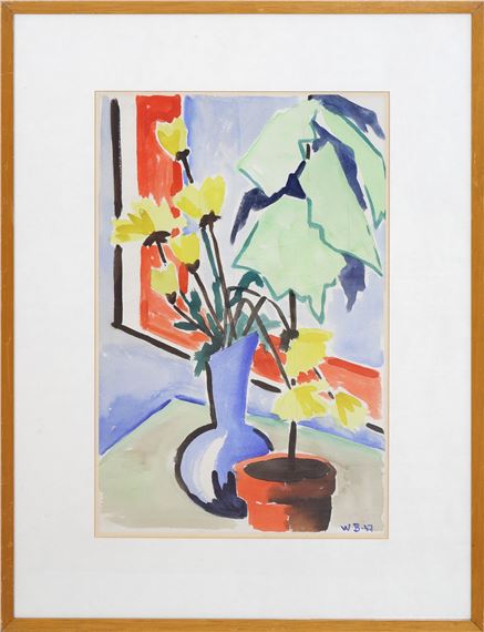 Stillleben mit Blumenvase und Topfpflanze by Werner Bauer, 1957
