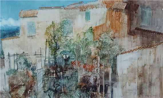 A textured watercolor landscape of weathered buildings and greenery under a blue sky.