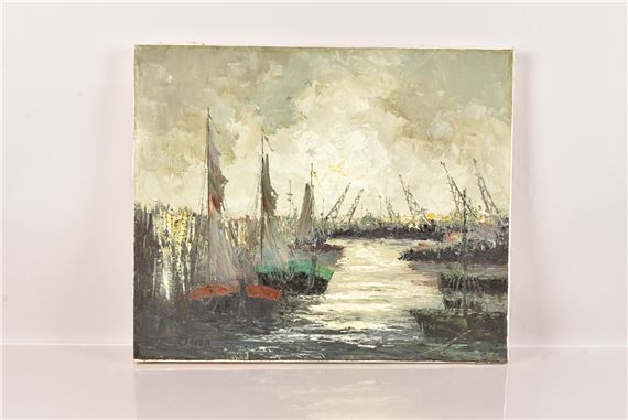 E0145 スペイン画家 Juan Escoda 「Puerto(港)」 油彩 F6変 額装