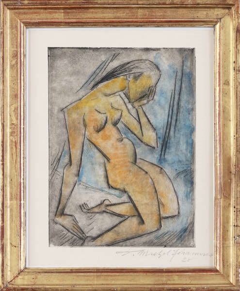 Artwork by Dorothea Maetzel-Johannsen, Weiblicher Akt in verzweifelter Pose, Made of handkolorierte Kaltnadel