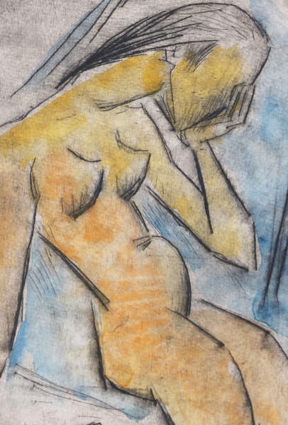 Artwork by Dorothea Maetzel-Johannsen, Weiblicher Akt in verzweifelter Pose, Made of handkolorierte Kaltnadel