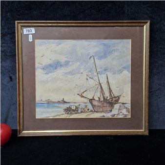 figures on horse carriage and seagulls. Rendered in vivid and muted tones of blues - C H Grimes