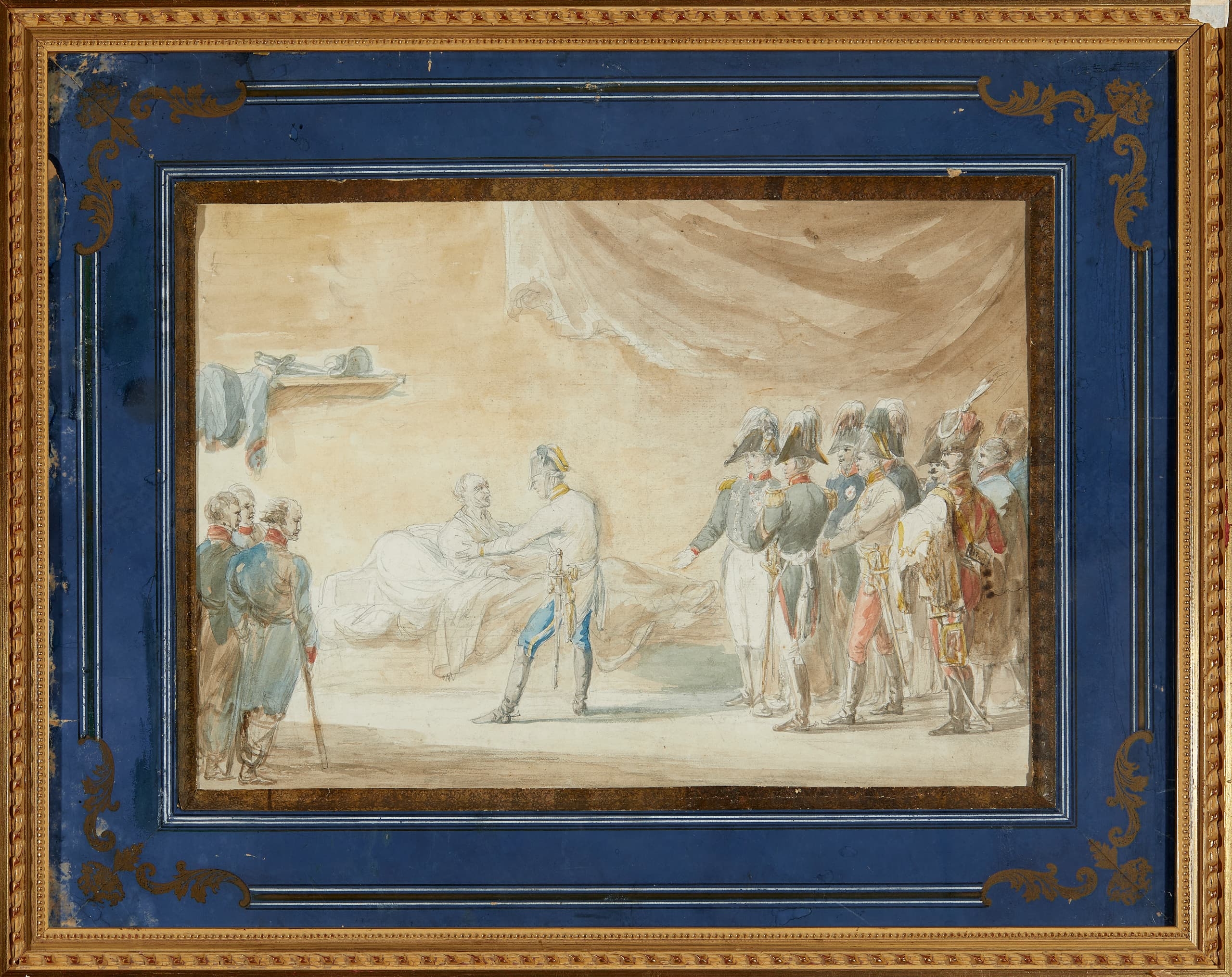 Artwork by Ignace Duvivier, Emperor Alexander I and his retinue visit the dying Field Marshal Mikhail Kutuzov, Made of pencil and watercolour on paper