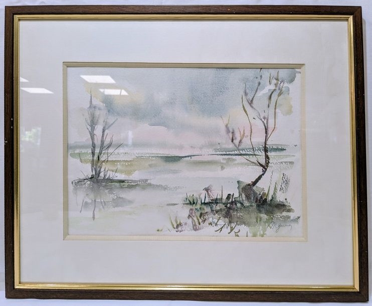 Artwork by M. I. Garnier, Lakescape, Made of watercolor