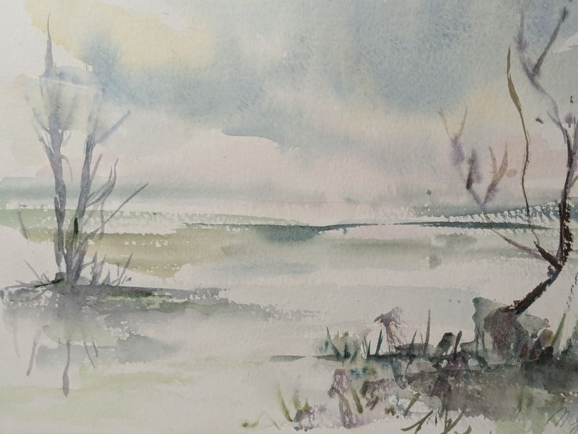 Artwork by M. I. Garnier, Lakescape, Made of watercolor