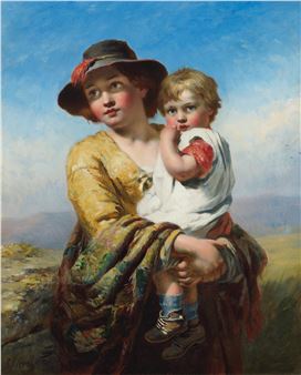 A mother wearing a hat with a red feather carrying her child in her arms - James Hill