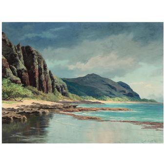 Near Mākaha Caves, Kaʻena Point, Looking Towards Mākaha 18 x 24 in. (45.7 x 60.9 cm) In a koa wood frame - Lloyd Sexton, Jr.
