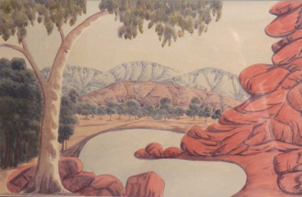 Artwork by Cordula Ebatarinja, Waterhole - Central Australian Landscape, Made of Watercolour