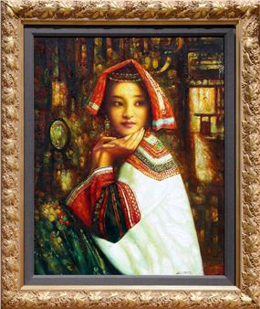 A portrait of a figure in traditional attire with a red headscarf, set against a richly textured, warm-toned background.