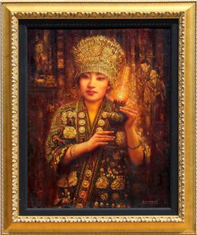 A richly detailed portrait of a figure in ornate traditional attire holding a glowing object.