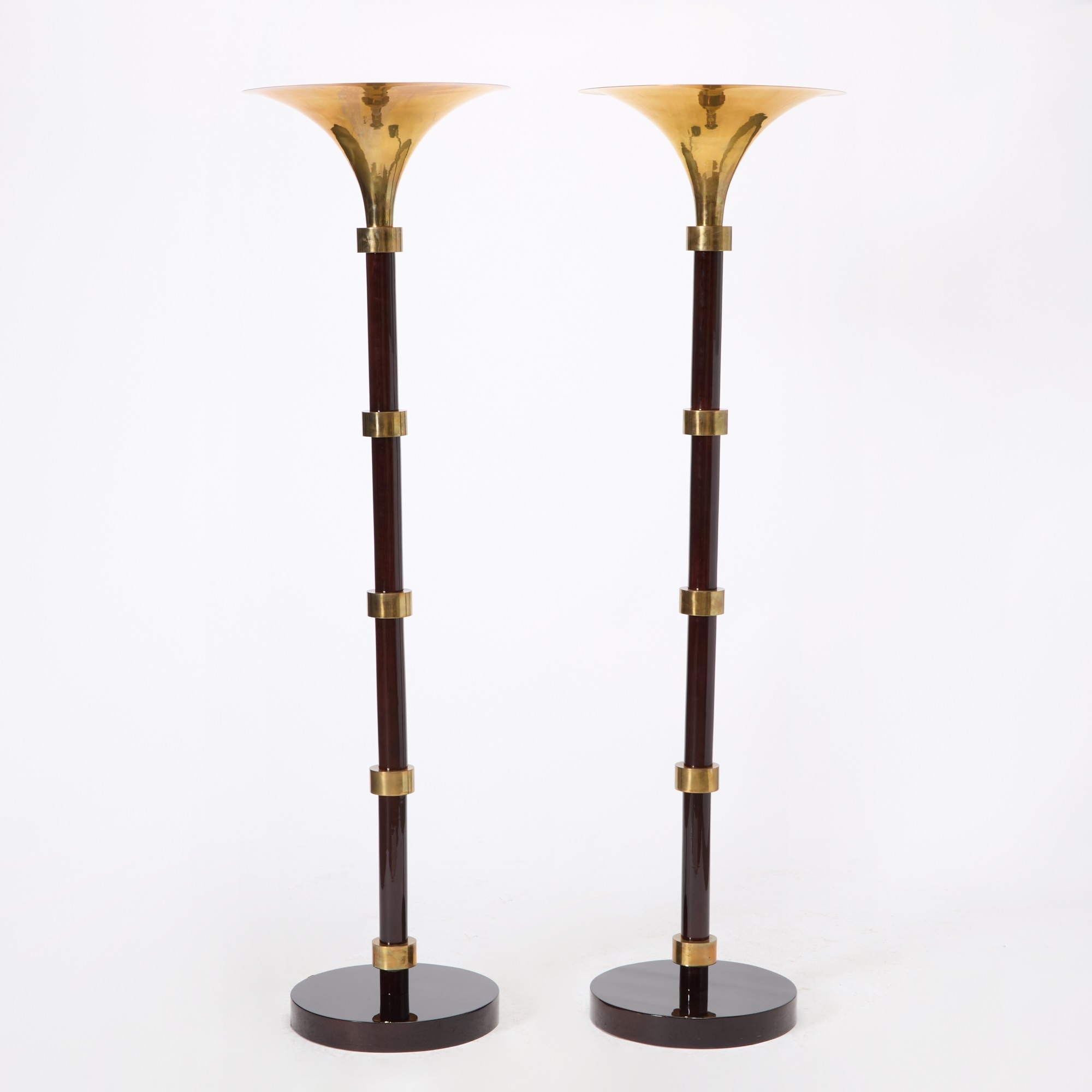 Artwork by Eugène Printz, Pair of Eugene Printz Style Brass and Mahogany Floor Lamps, Made of Brass and Mahogany