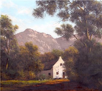 VIEW OF THE FARMHOUSE PAST THE TREES - Johan Greeff
