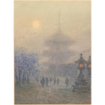 evening landscape with pagoda and lanterns - Yoshihiko Itō