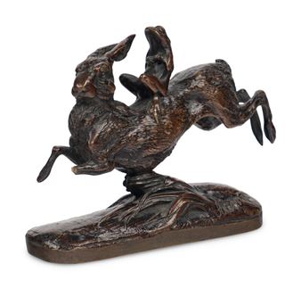 Frog Riding Hare bronze signed on base Height 3 1/2 x width 4 1/2 inches. Property from the Estate of Andrew Cunningham Ware - Alphonse-Alexandre Arson